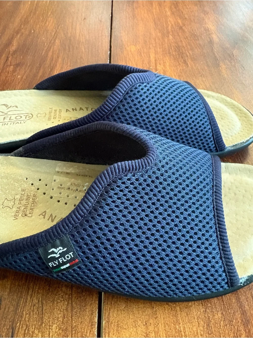 Fly Flot Italy Anti-Sock Women's Navy Open-Toe Wedge Slides 7.5 New / Display